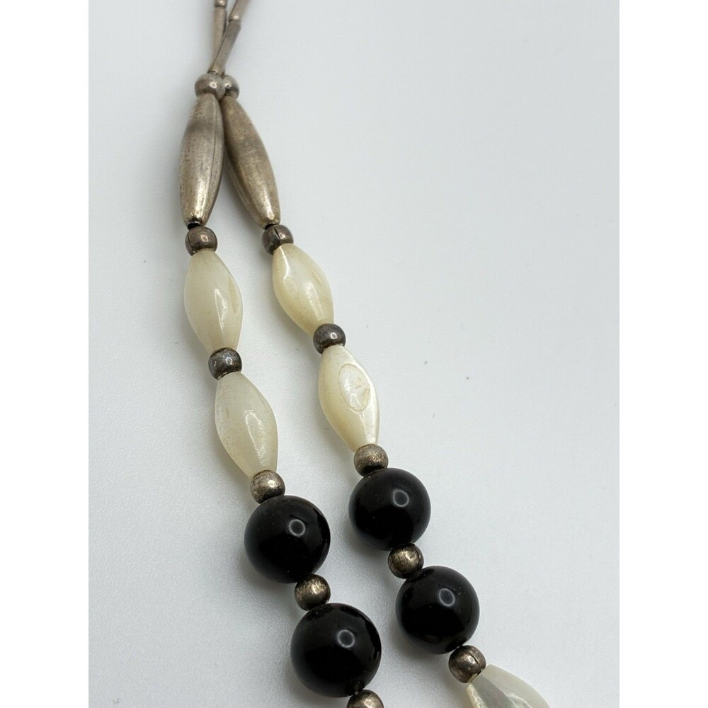 Mother Of Pearl ?Onyx? Beaded Silver Tone Necklace 20” VTG Double Strand READ - Picture 3 of 7